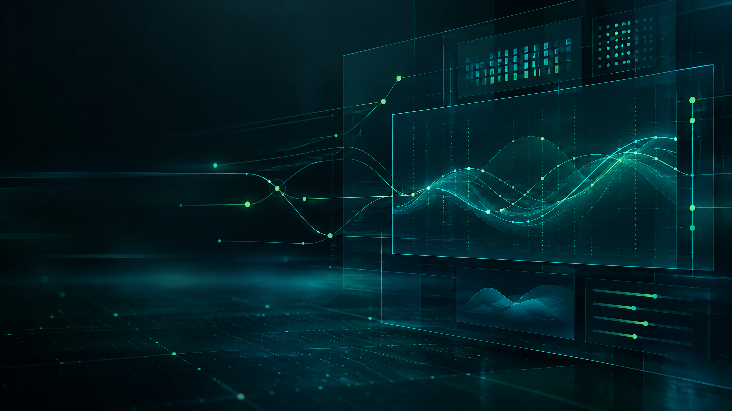 Abstract technical data panels and connected signal lines representing workplace performance conditions.
