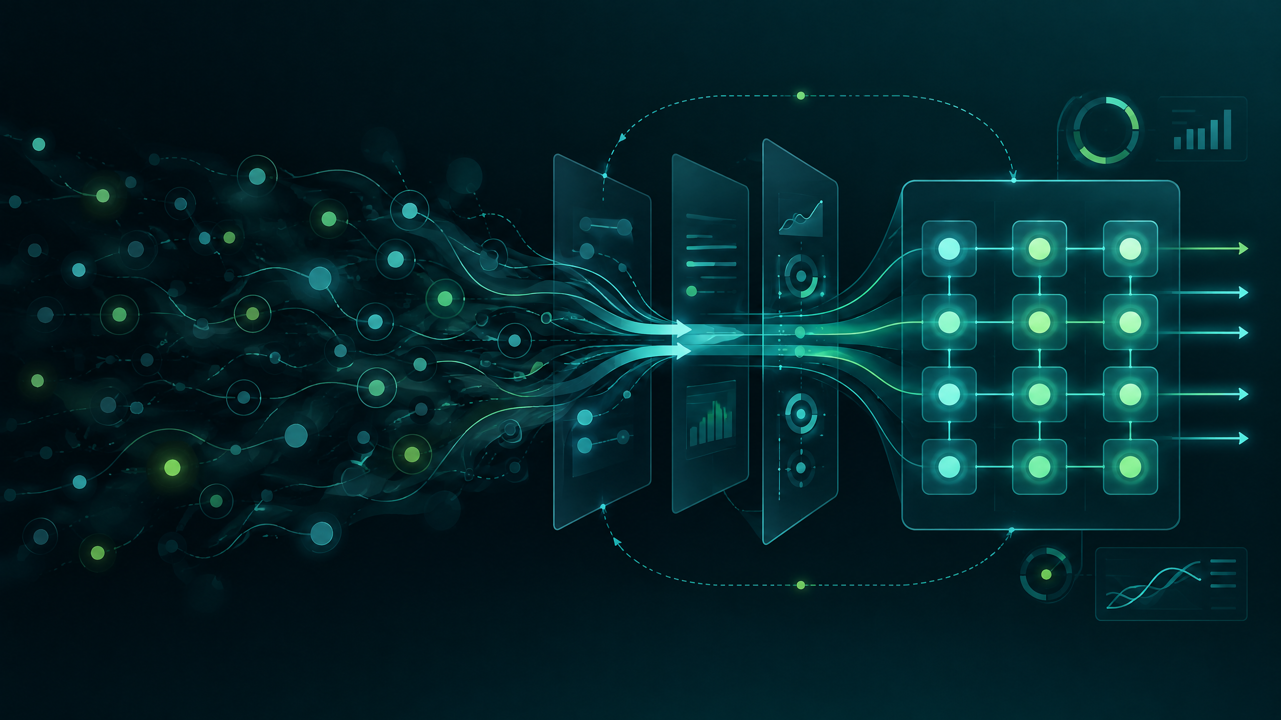 Abstract workflow shifting from dispersed inputs into a structured execution grid.